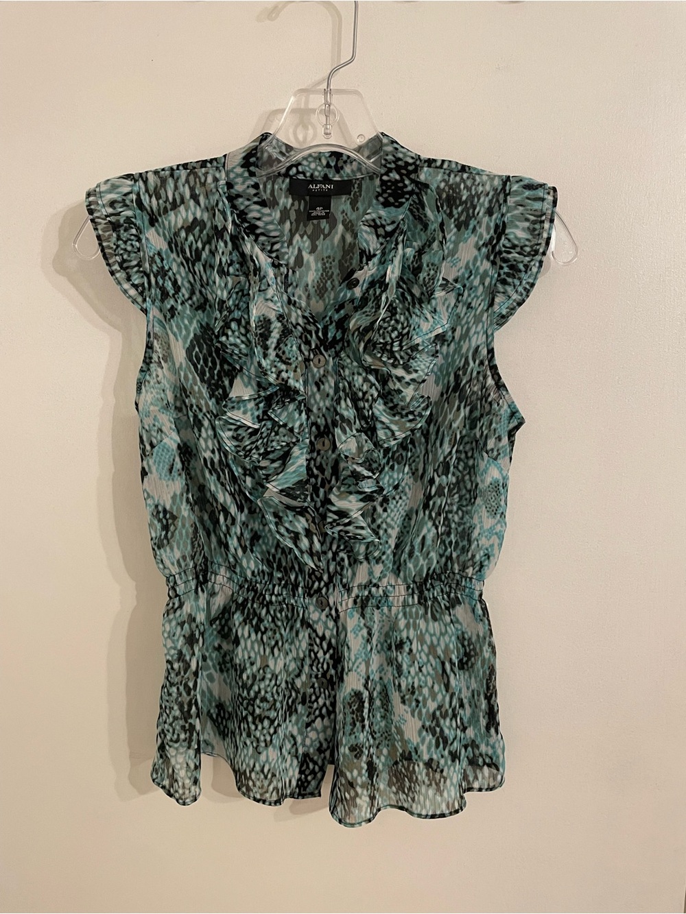 Alfani Teal and Black Ruffle Front Cap Sleeve Blouse
